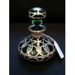Edwardian silver overlaid green glass scent bottle circa 1910. Perfect condition.
