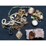 A collection of miscellaneous costume jewellery to include gold filled cameo bracelet and cameo