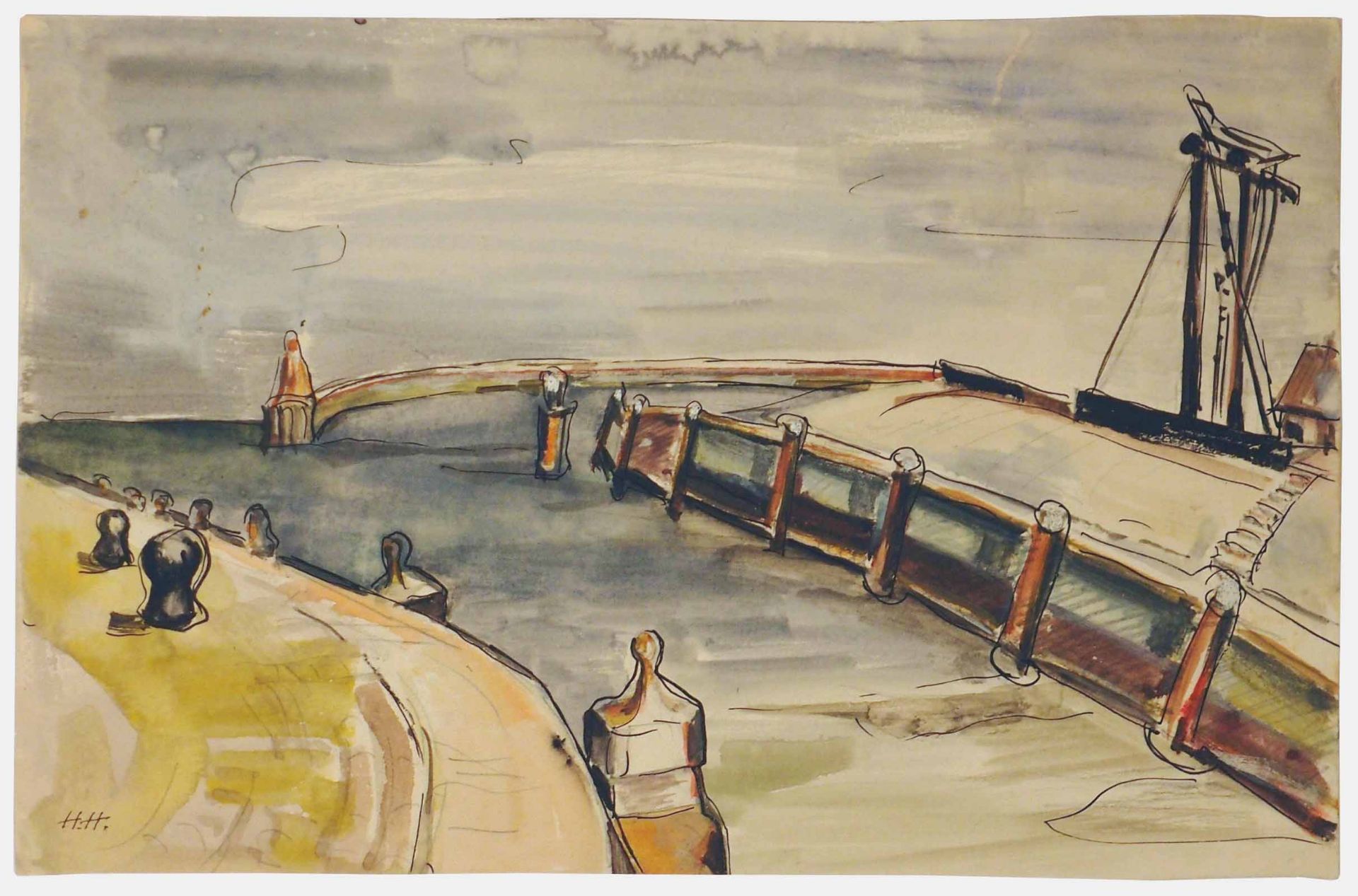 Hannah HöchGotha 1889 - 1978 BerlinHolländischer Hafen. Aquarell über Tusche. Um 1927. 16 x 24,6 cm.