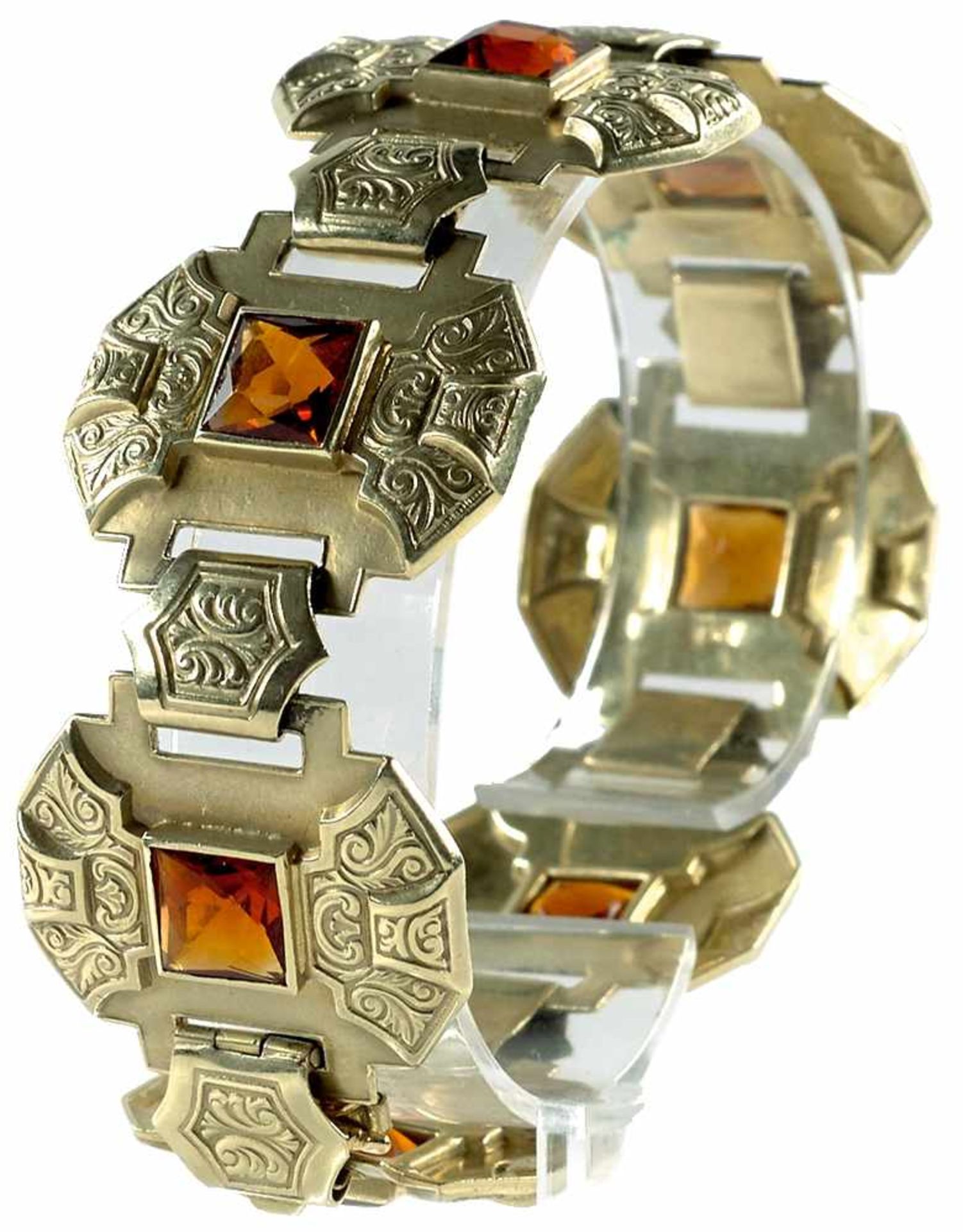 Armbänder mit Steinbesatz Extravagantes Armband aus sieben ornamental verzierten Goldelementen,