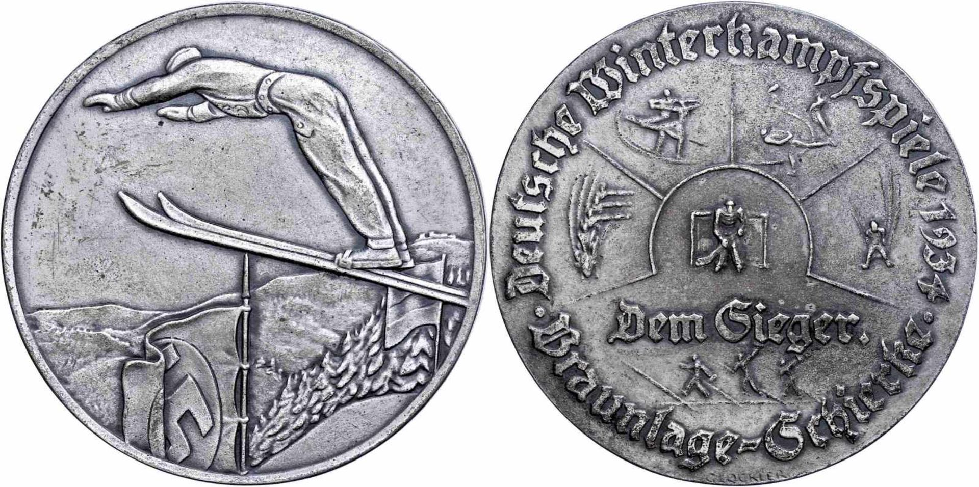 Plaketten, nichttragbare Medaillen und Preise Siegermedaille 1934, Bronze versilbert, "Deutsche