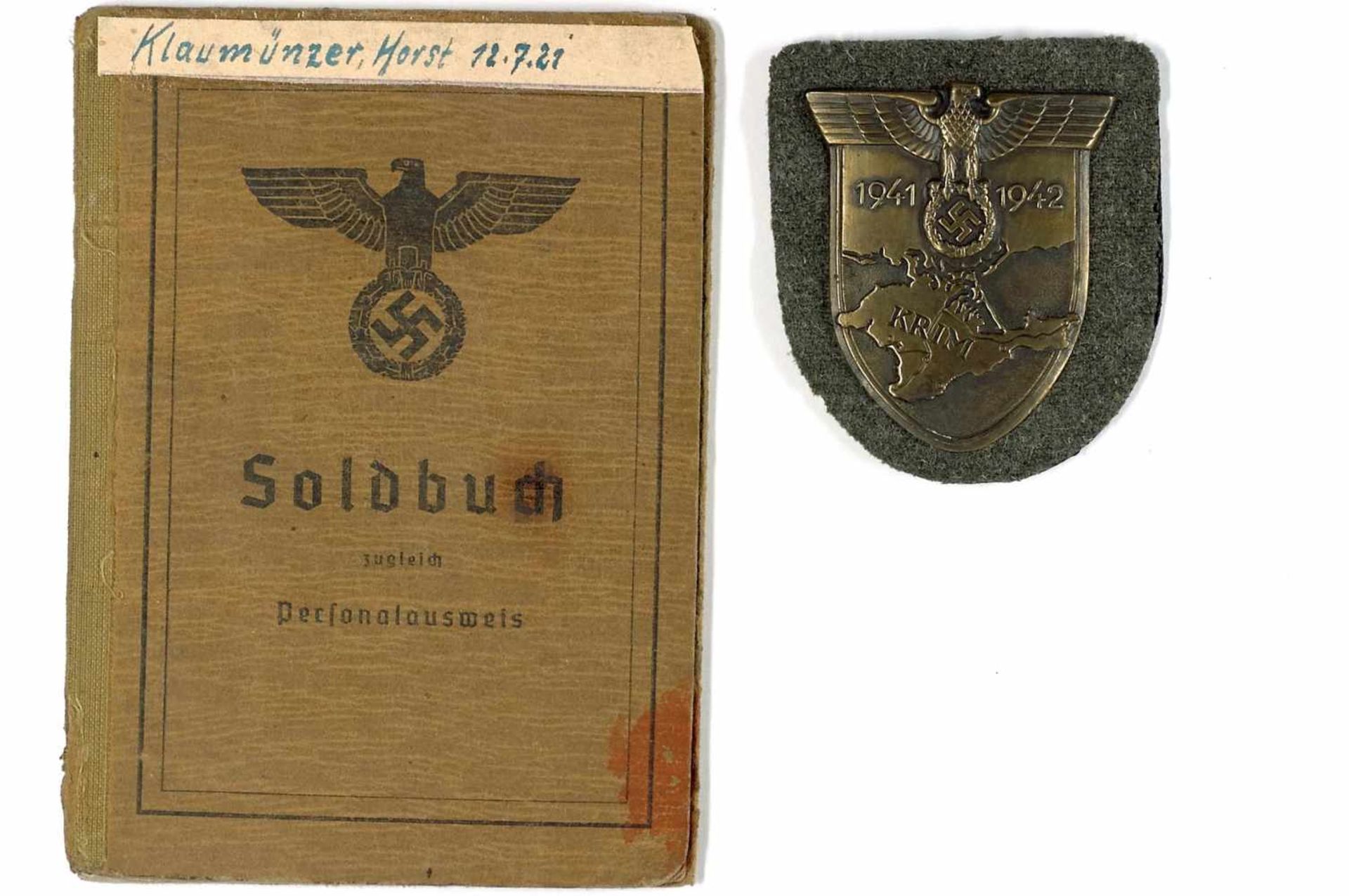 Auszeichnungen Wehrmacht Heer 2. Weltkrieg Krim Ärmelschild auf feldgrauer Stoffunterlage mit - Bild 2 aus 4