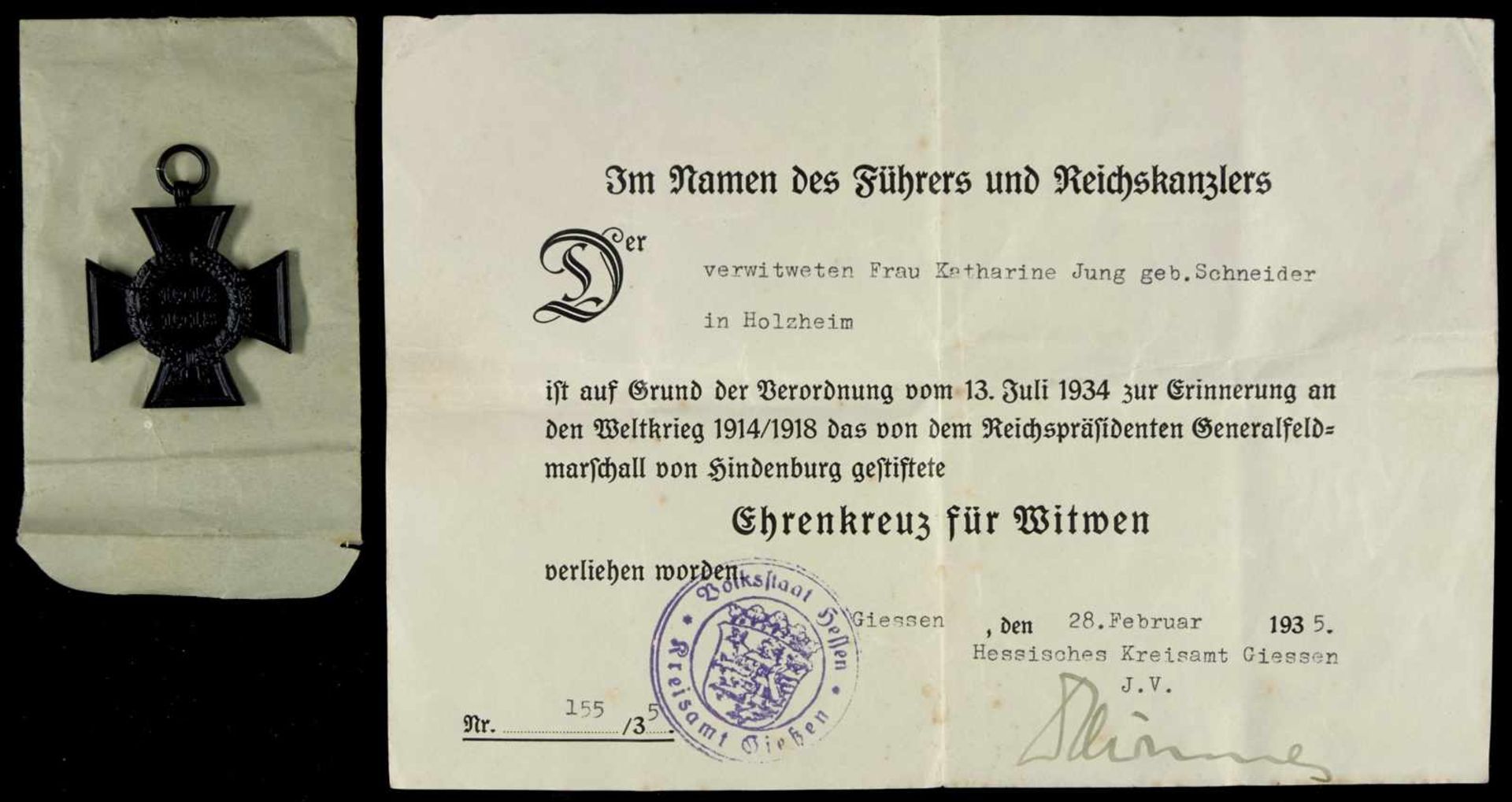 Allg. militärische Auszeichnungen 2. Weltkrieg Ehrenkreuz des Weltkrieges 1914-1918 für Witwen mit