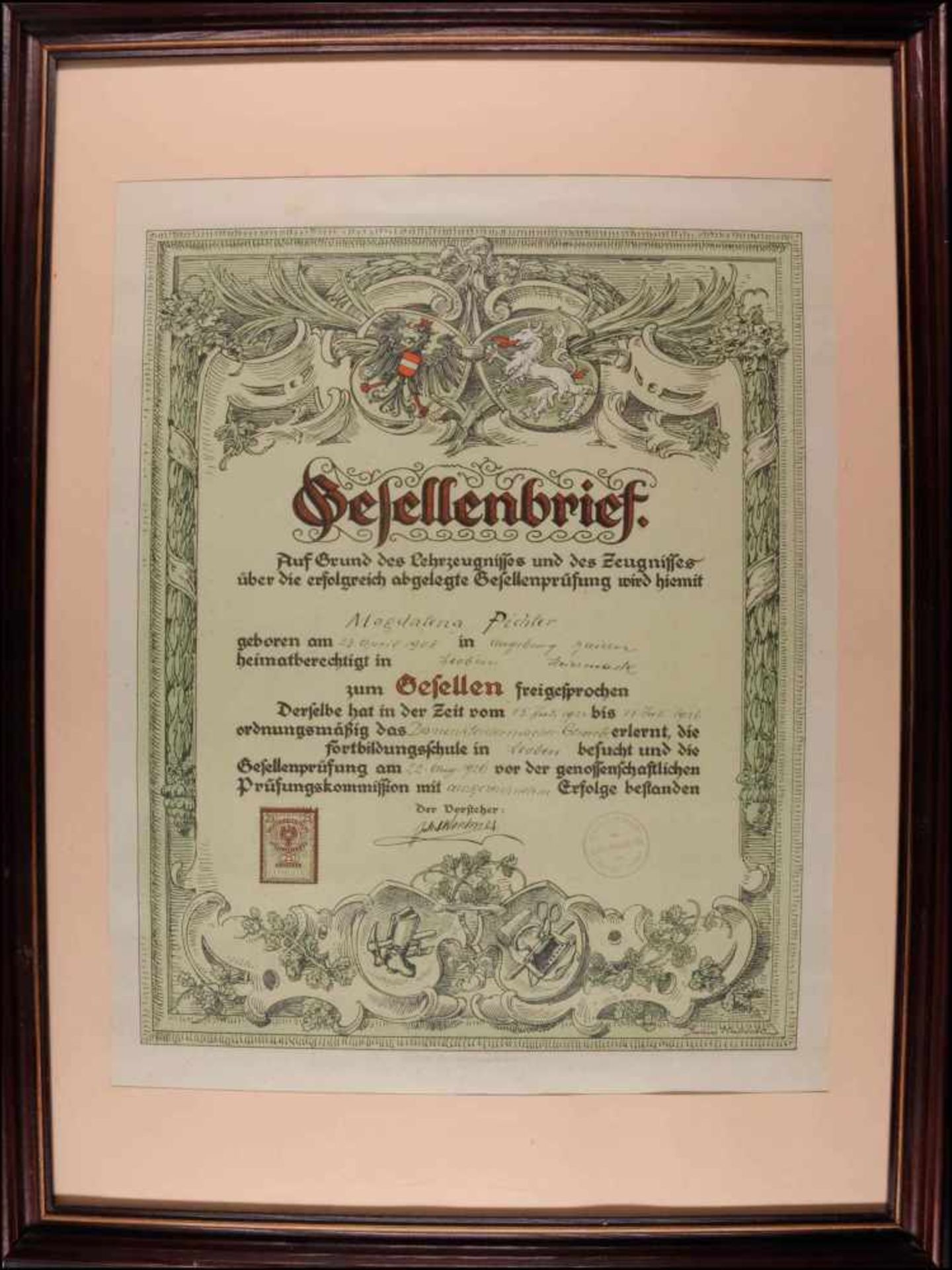 Varia Österreich, 1926, Gesellenbrief, Damenkleidermacher-Gewerbe, datiert 22. August 1926, Leoben