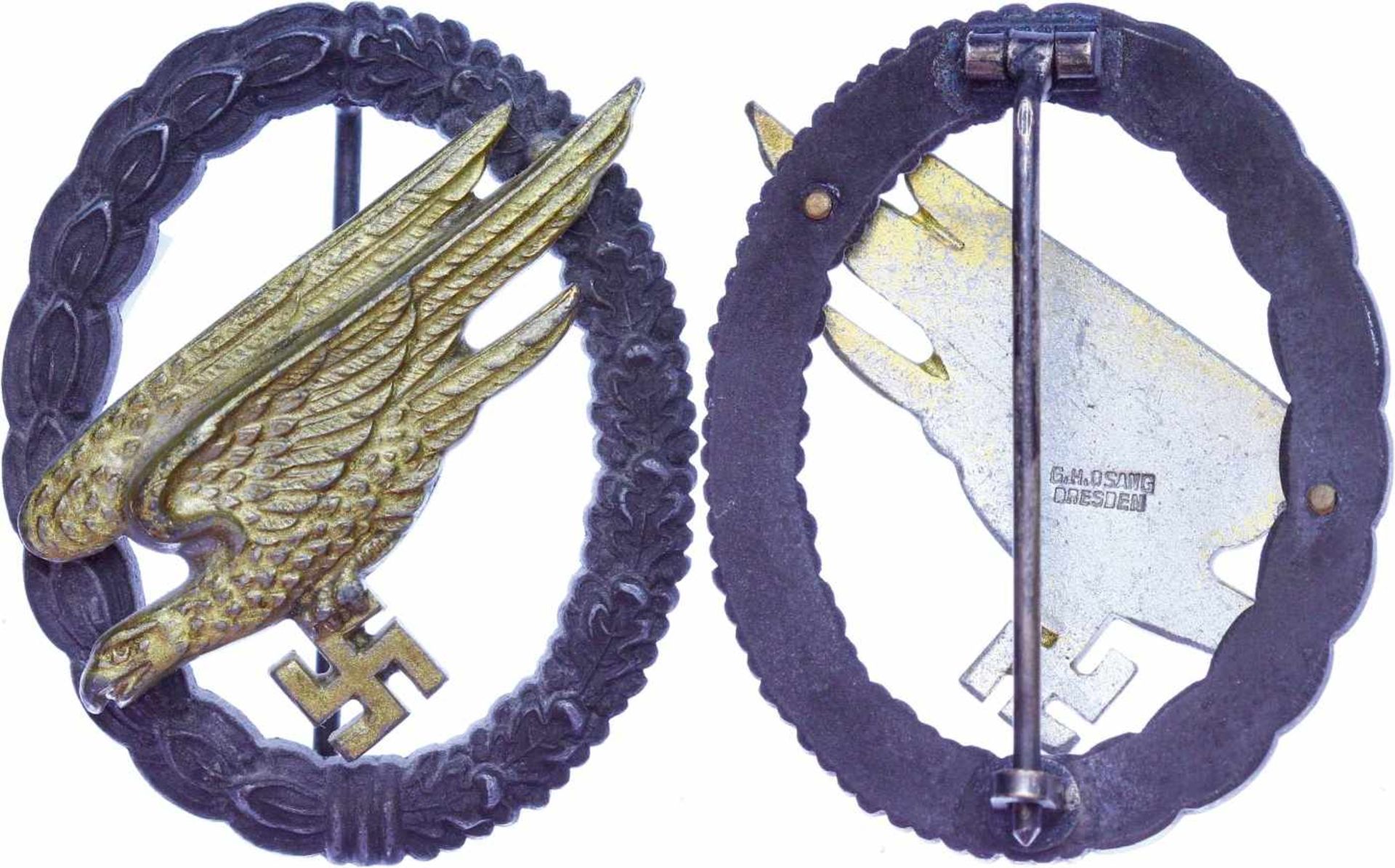 Auszeichnungen Luftwaffe 2. Weltkrieg Fallschirmschützenabzeichen, Feinzink, rückseitig Hersteller "
