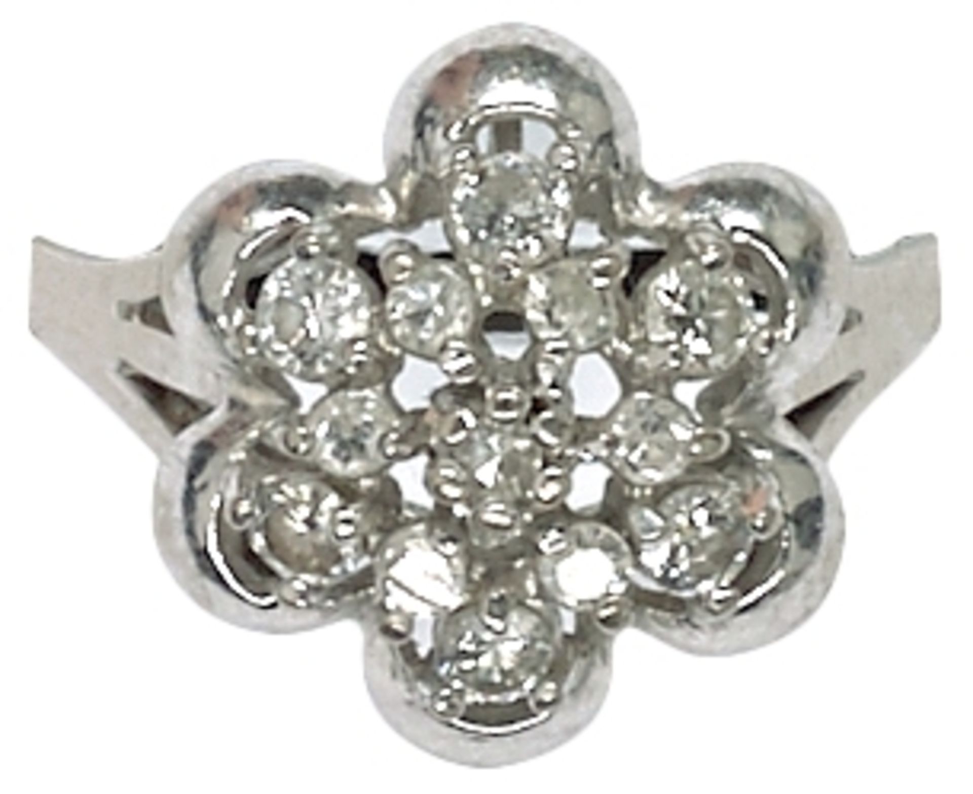 Ringe Dekorativer Damenfingerring mit Ringkopf in Form einer Blüte, diese besetzt mit dreizehn