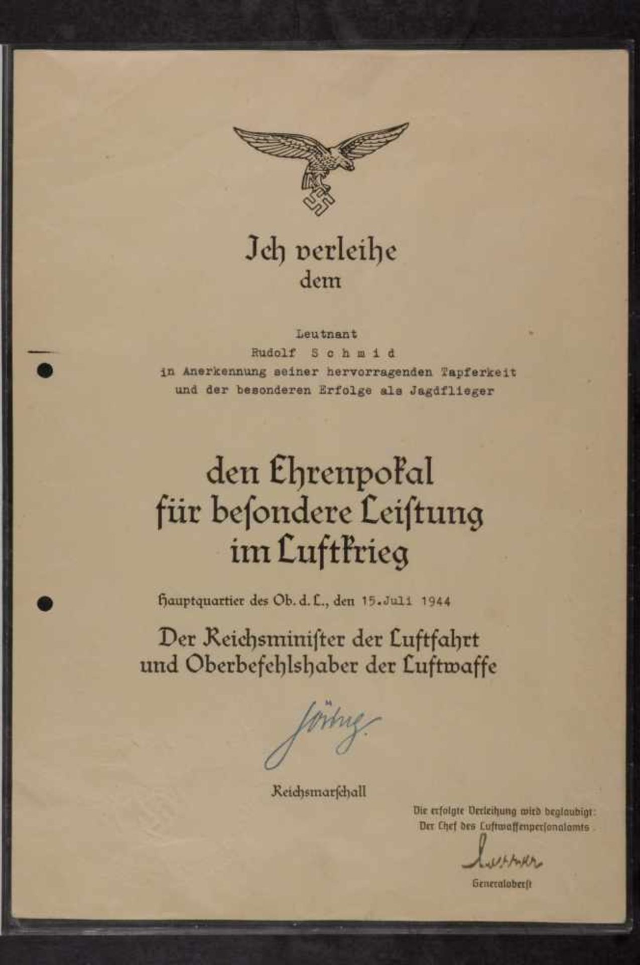 Urkunden, Dokumente und Unterschriften Verleihungsurkunde für einen Leutnant für den Ehrenpokal - Bild 2 aus 5