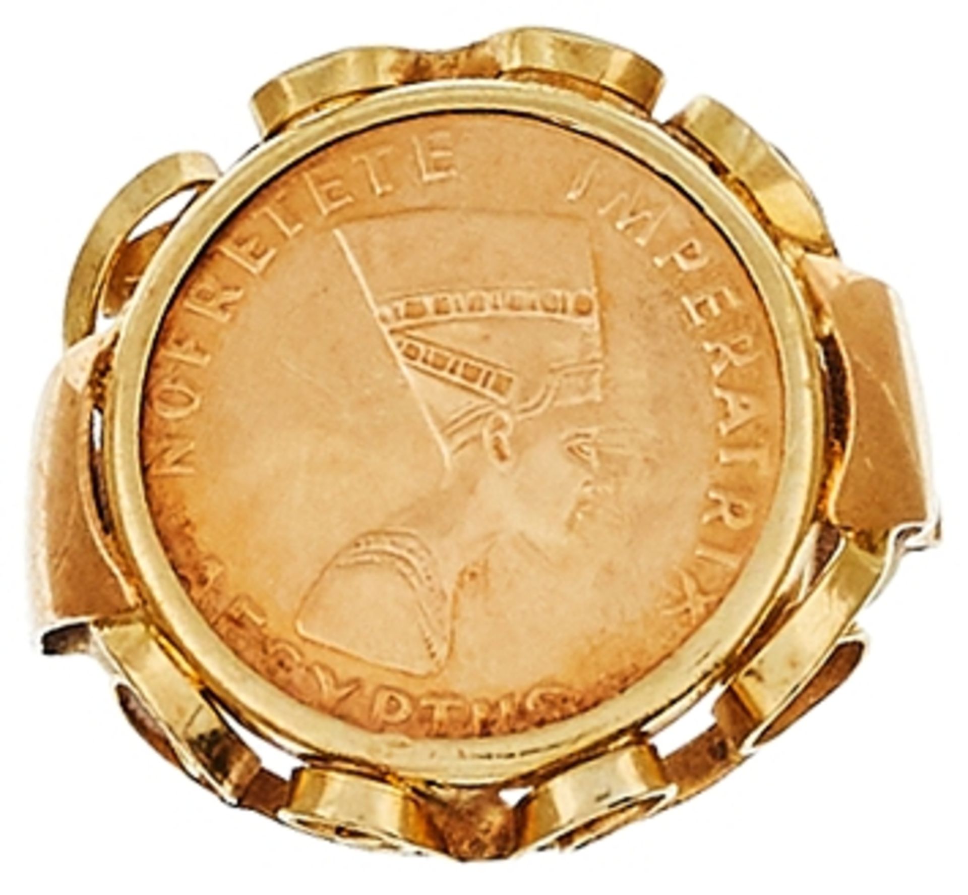Ringe ohne Steinbesatz Dekorativer Damenfingerring mit gefasster Medaille der Nofretete. 20. Jh.
