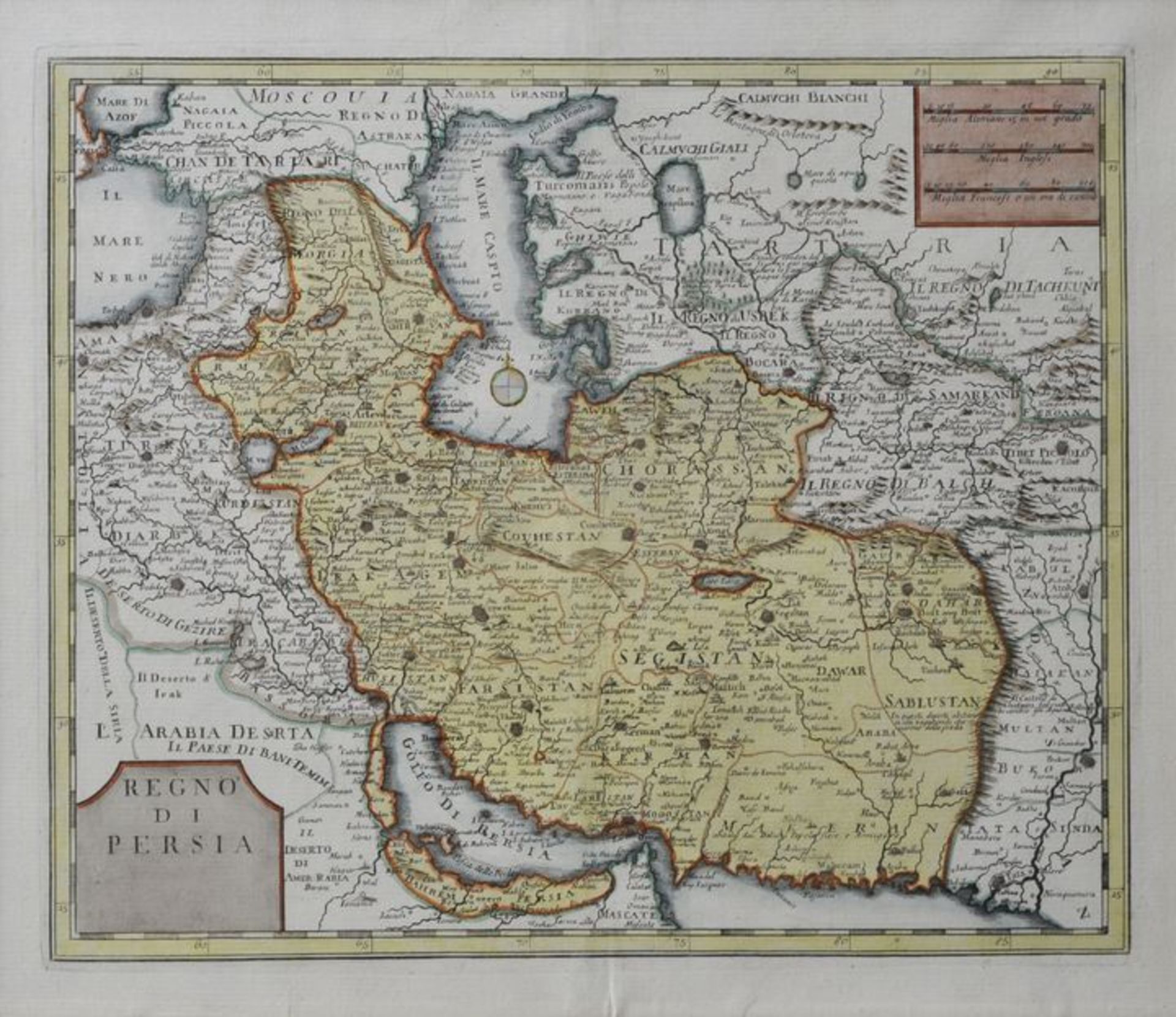 Karte von Persien: "Regon di Persia", ca. 1740, Kupferstichkarte, grenz-und flächenkol.,<