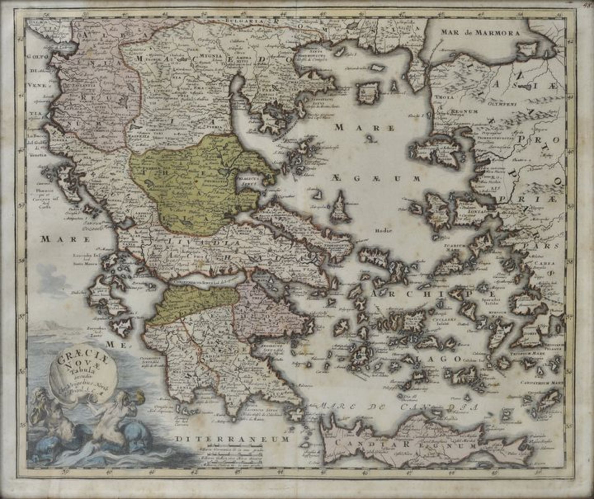 "Graeciae novae Tabula". Kupferstichkarte von Griechenland mit Ägäis und Küste der Türkei.