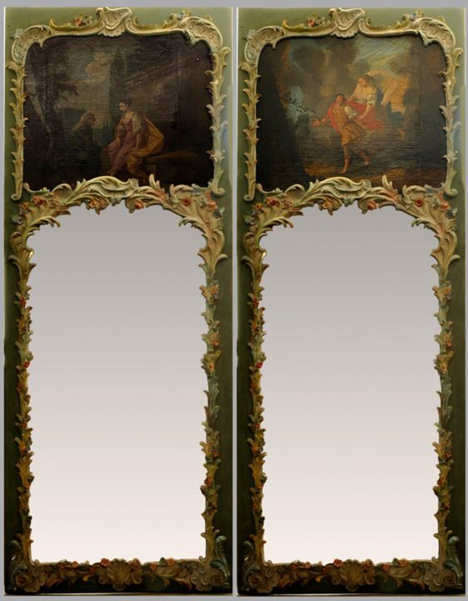 Paar große Rokoko-Trumeau-Spiegel mit Gemälden, Mitte 18. Jh.