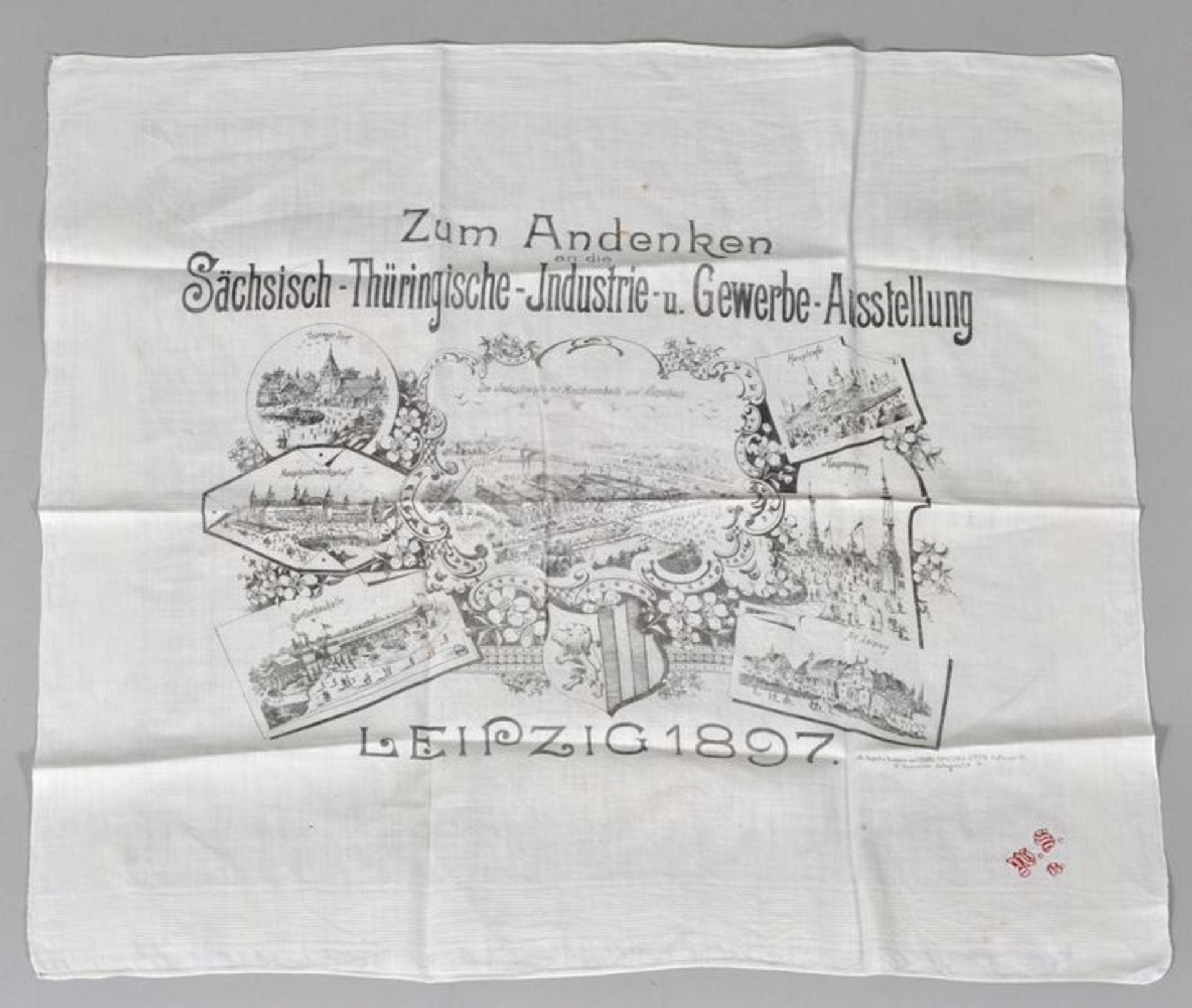 Bedrucktes Tuch (Taschentuch) "Zum Andenken an die Sächsisch-Thüringische Industrie-und