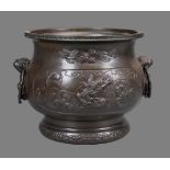 A Japanese Bronze Jardiniere of typical bulbous form on a stepped base