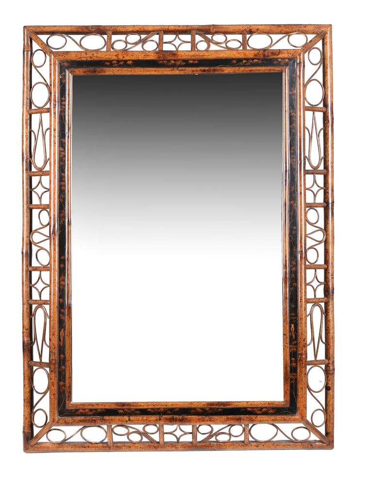 A rectangular bamboo framed wall mirror