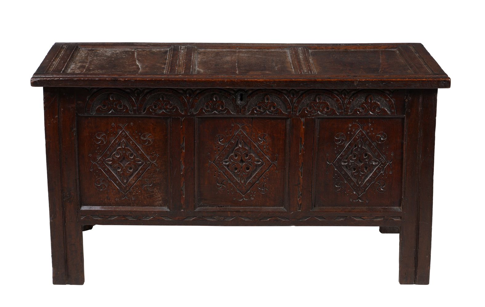 † A Charles II carved oak triple panel coffer