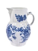 A Caughley blue and white printed 'Bouquets' pattern cabbage-leaf moulded mask jug