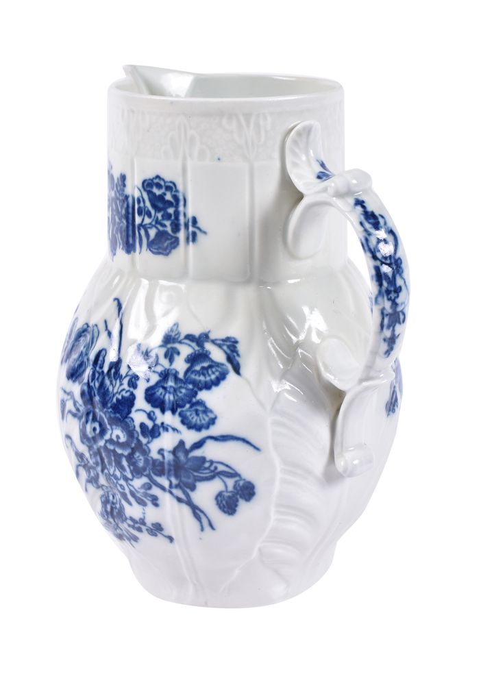 A Caughley blue and white printed 'Bouquets' pattern cabbage-leaf moulded mask jug - Image 2 of 2