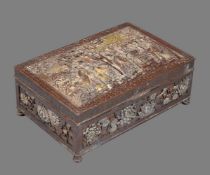 A Japanese Bronze Overlaid Box of rectangular form raised on four bun feet and with hinged cover