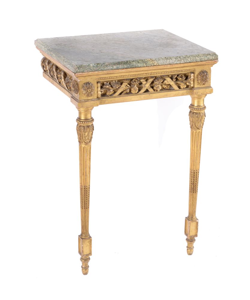 A pair of giltwood and marble topped console tables