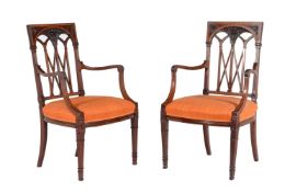 A set of six mahogany and satinwood banded dining chairs