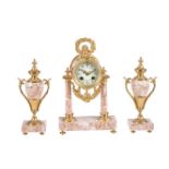 A French variegated pink marble and gilt-metal mounted clock garniture