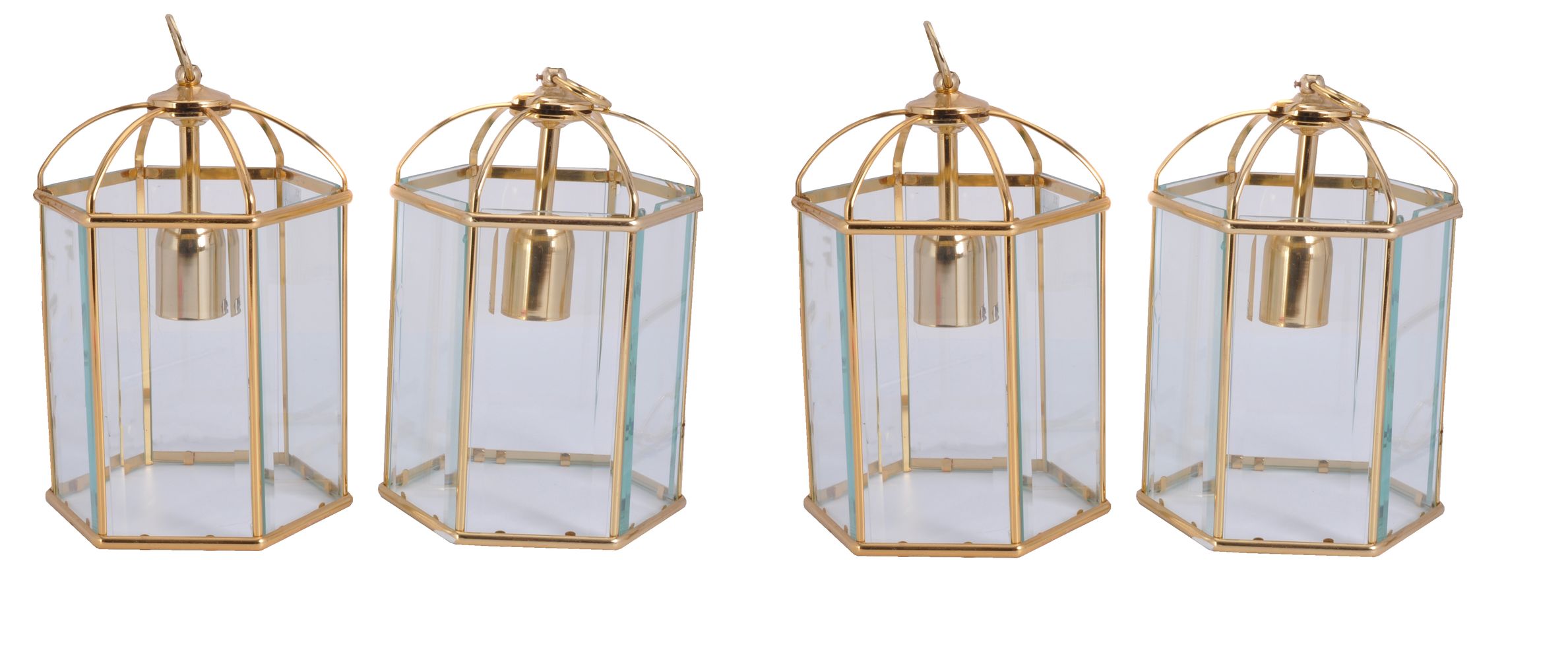 A set of four gilt metal and glazed hexagonal hall lanterns