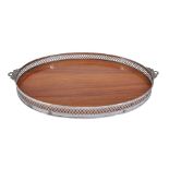 An Italian silver coloured and hardwood twin handled oval tray