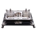 A late George III silver mounted ebonised wood inkstand by Samuel Roberts, George Cadman & Co.