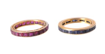 A sapphire and a ruby eternity ring