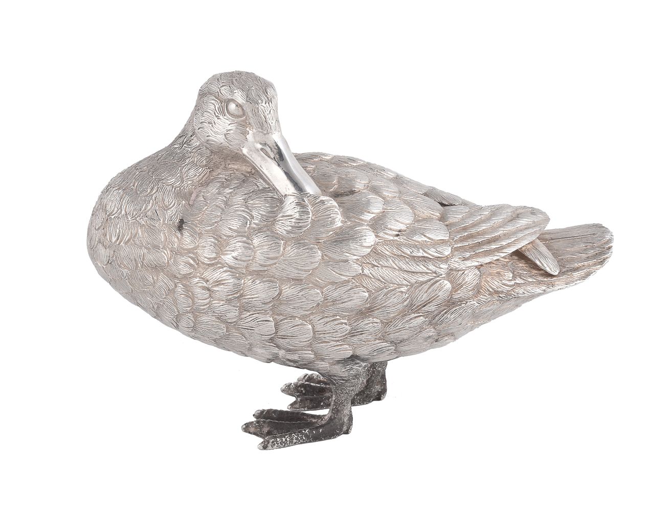 A silver model of a mallard duck by Richard Comyns