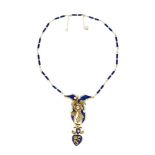 A Victorian blue enamel, diamond and pearl necklace