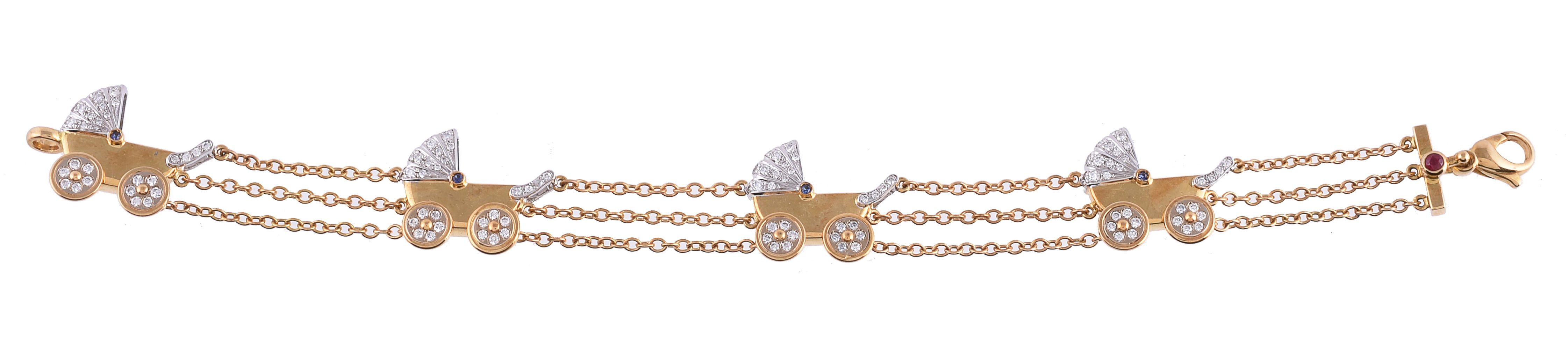 A diamond and sapphire baby carriage bracelet
