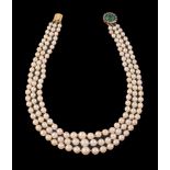 A cultured pearl, emerald and diamond necklace