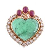 An emerald, ruby and diamond heart pendant