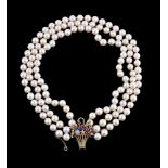 A cultured pearl and multi gem set necklace