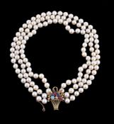 A cultured pearl and multi gem set necklace