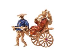 An enamel rickshaw brooch