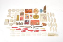 Chinese mother of pearl gaming counters and various sewing accessories