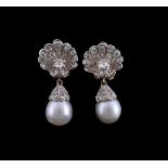 A pair of cultured pearl and diamond earrings