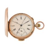 Unsigned, 9 carat gold keyless wind full hunter minute repeating pocket watch with chronograph