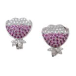 A pair of diamond and pink sapphire earrings