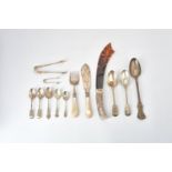 ϒ A late Victorian silver handled tortoiseshell page turner and various flatware