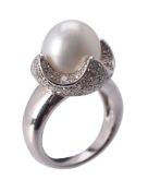 A South Sea cultured pearl and diamond ring