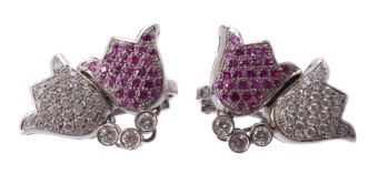 A pair of diamond and pink sapphire earrings