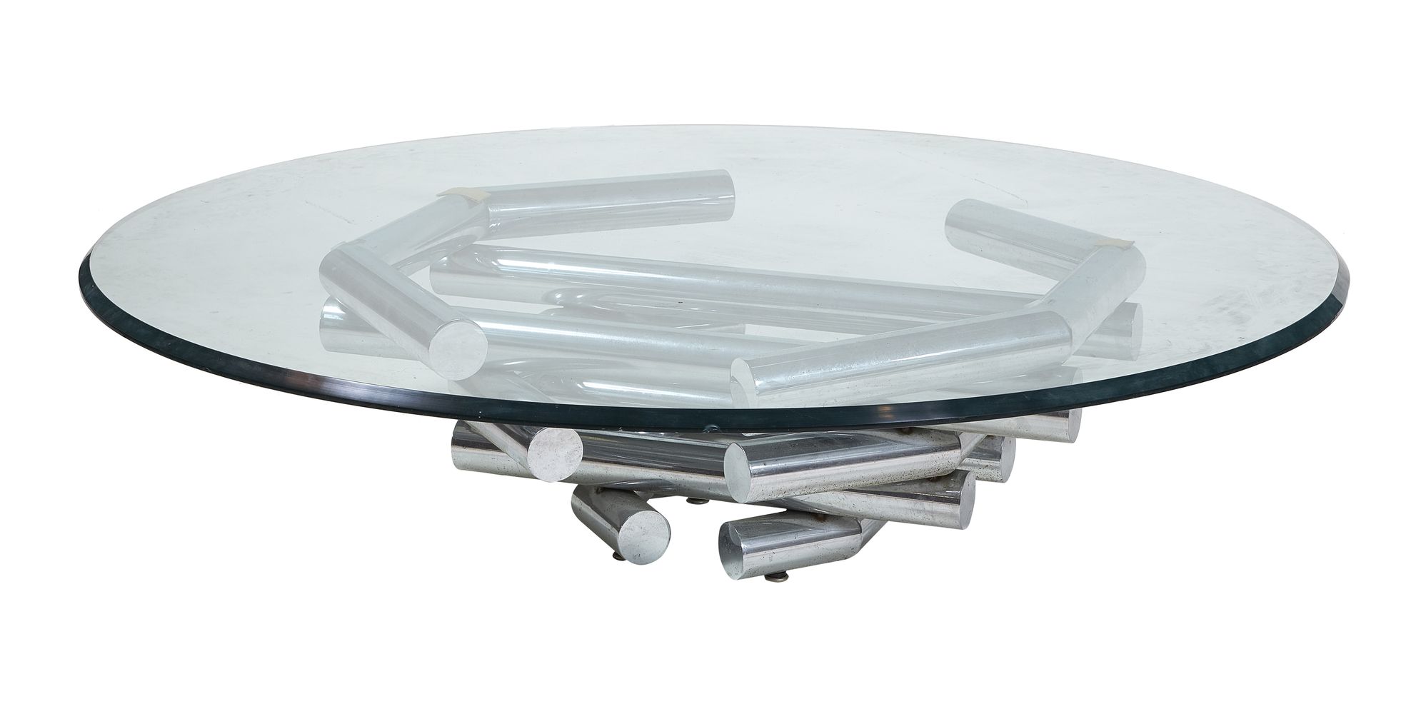 A glass and chrome low centre table