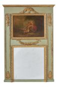 A green painted and parcel gilt trumeau mirror in 18th century style