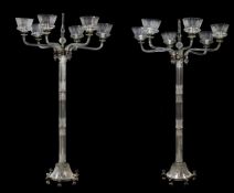 A pair of fine cut glass and silver plated metal mounted six light standard candelabra by F & C Osle
