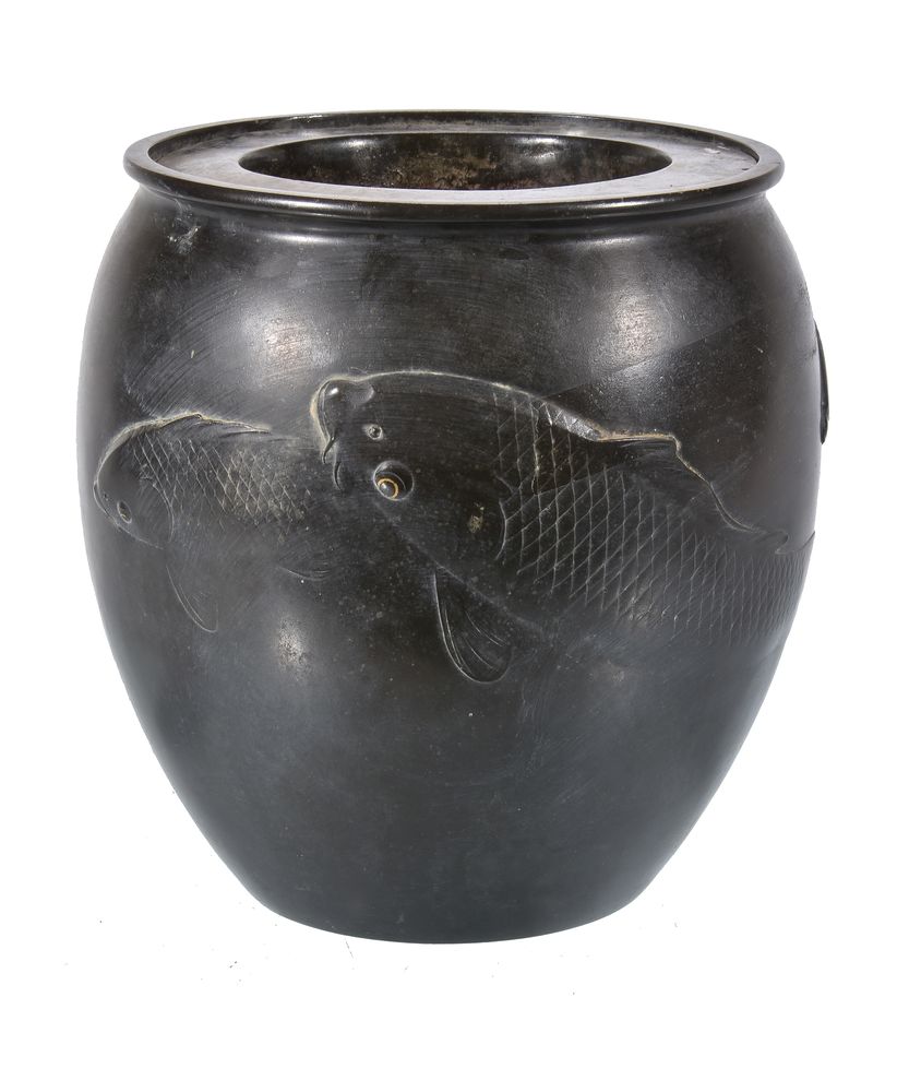 A Japanese Bronze Bowl of ovoid form cast in relief with carp