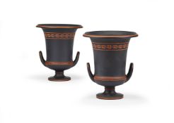 A pair of Wedgwood encaustic-decorated black basalt urns after the Antique, mid 19th century