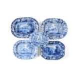 Four various Staffordshire blue and white printed pearlware meat plates and a drainer variously prin